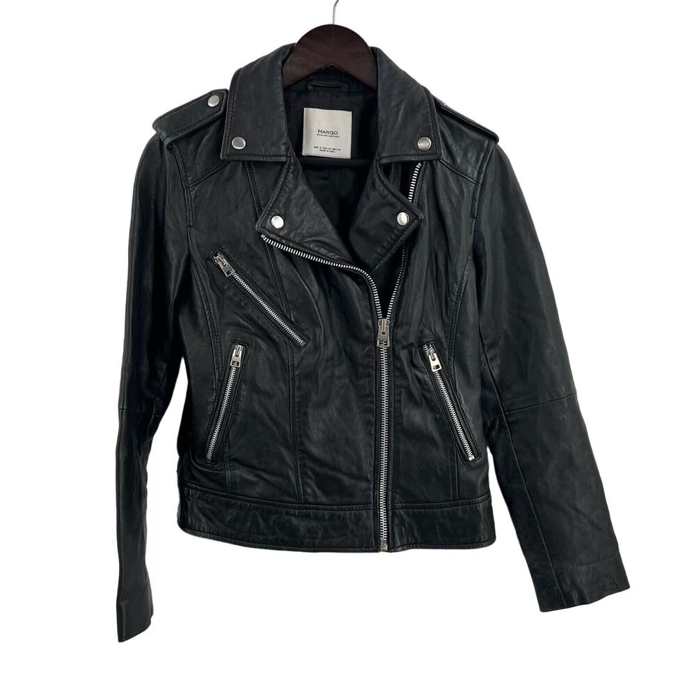 MANGO Black Leather Biker Jacket Size XS